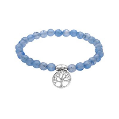 Bracelet extensible en argent rhodié avec pierres naturelles Agate bleu clair et pampille arbre de vie