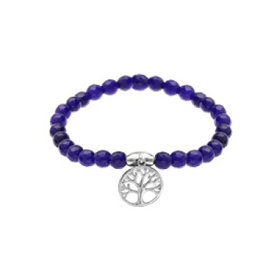 Bracelet extensible avec pierres d'Agate bleu foncé et arbre de vie suspendu en argent rhodié