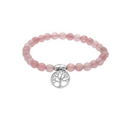 Bracelet extensible en pierres naturelles d'Agate rose véritable et arbre de vie en argent rhodié
