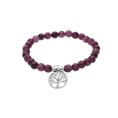 Bracelet extensible en argent rhodié avec pierres naturelles Agate violette et pampille arbre de vie