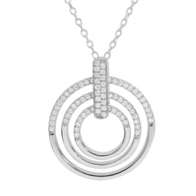 Collier en argent rhodié chaîne avec pendentif 3 cercles pavé d'oxydes blancs sertis 41+4cm
