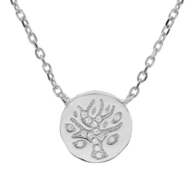 Collier en argent rhodié chaîne avec pendentif rond motif arbre de vie et oxydes blancs sertis 42+3cm