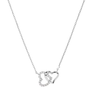 Collier en argent rhodié chaîne avec pendentif double coeur entrelacé et oxydes blancs sertis 42+3cm