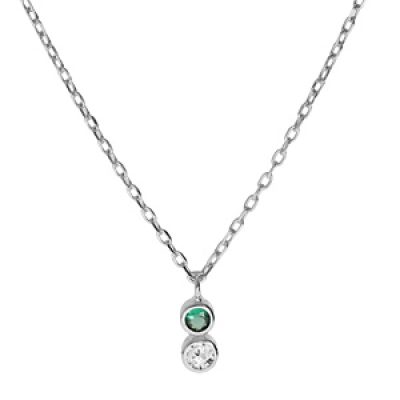 Collier en argent rhodié chaîne avec pendentif oxydes blanc et vert sertis clos 40+3cm