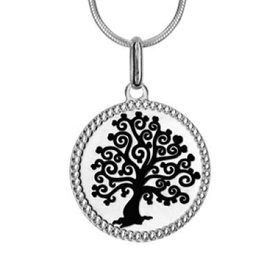 Collier en argent rhodié chaîne avec pendentif arbre de vie noir longueur 40+3cm