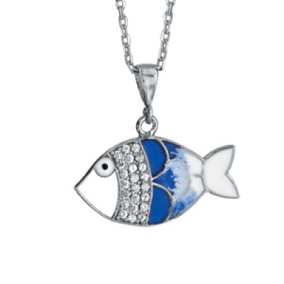 Collier en argent rhodié chaîne avec pendentif en forme de poisson bleu et oxydes blancs sertis longueur 40+5cm