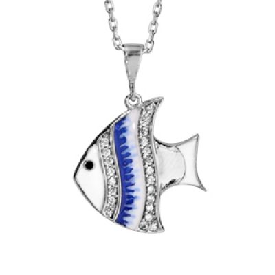 Collier en argent rhodié chaîne avec pendentif en forme de poisson haut bleu et oxydes blancs sertis longueur 40+5cm
