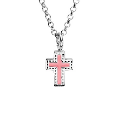 Collier en argent rhodié avec Pendentif petite Croix rose 38+4cm