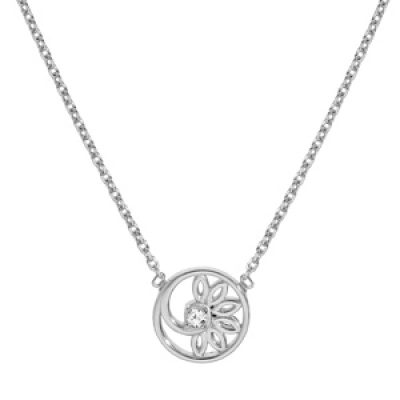 Collier en argent rhodié chaîne avec pendentif cercle avec fleur d'oxydes blancs sertis 38+4cm