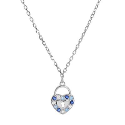 Collier en argent rhodié chaîne avec pendentif cadenas en forme de coeur et oxydes bleus 42+2+2cm