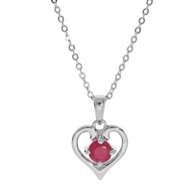 Collier en argent rhodié chaîne avec pendentif coeur gros oxyde rose serti 40+5cm