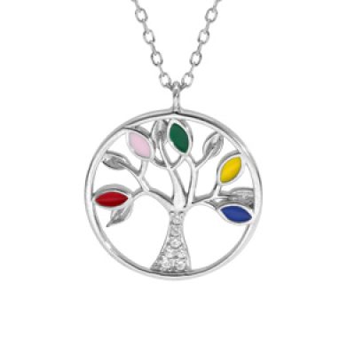 Collier en argent rhodié chaîne avec pendentif arbre de vie résine multi couleurs et oxydes blancs 40+5cm