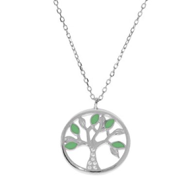 Collier en argent rhodié chaîne avec pendentif arbre de vie couleur vert et oxydes blancs 40+5cm