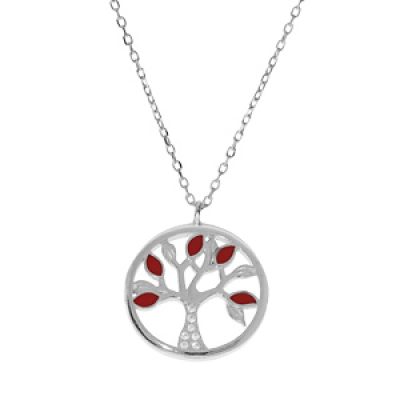 Collier en argent rhodié chaîne avec pendentif arbre de vie couleur rouge et oxydes blancs 40+5cm