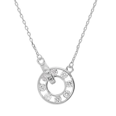 Collier en argent rhodié chaîne avec pendentif cercle avec oxydes blancs dans cercle 40+5cm
