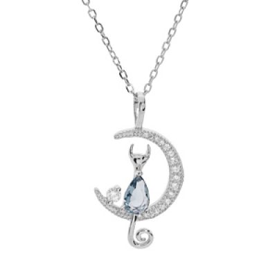 Collier en argent rhodié chaîne avec pendentif demi lune et chat en oxyde bleu 40+5cm