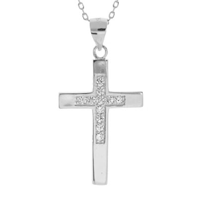 Collier en argent rhodié chaîne avec pendentif croix et oxydes blancs 40+2+2cm
