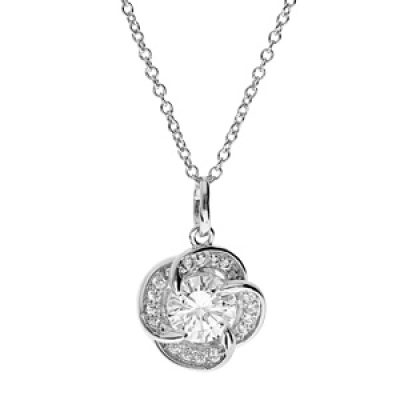 Collier en argent rhodié chaîne avec pendentif fleur pavée d'oxydes blancs 40+4cm