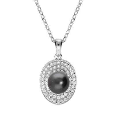 Collier en argent rhodié chaîne avec pendentif Perle de culture de Tahiti véritable 7mm et contour oxydes blancs sertis 42+3cm