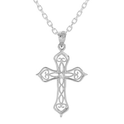 Collier en argent rhodié chaîne avec pendentif croix filigrane et oxyde blanc 40+5cm