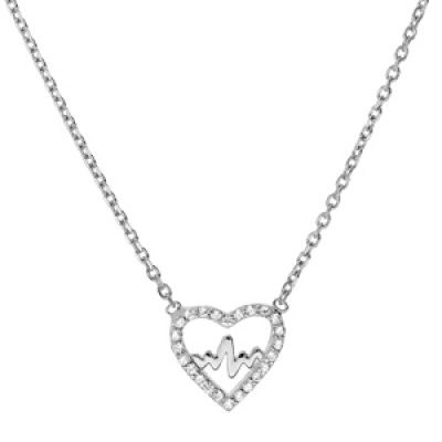 Collier en argent rhodié chaîne avec pendentif coeur avec courbe de vie et oxydes blancs sertis 38+4cm