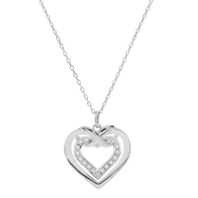 Collier en argent rhodié chaîne avec pendentif double coeur avec noeud et oxydes blancs sertis 42+3cm