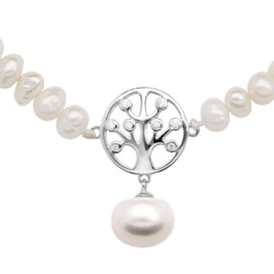 Collier en argent rhodié en perles d'eau douce avec pendentif arbre de vie oxydes blancs sertis longueur 43+4cm