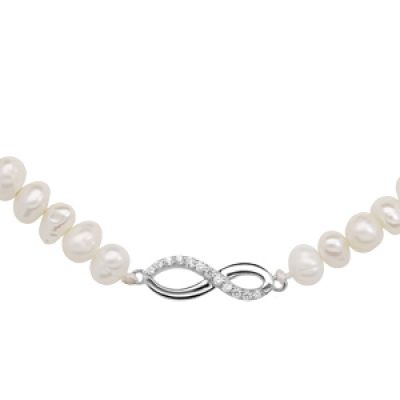 Collier en argent rhodié perles d'eau douce avec pendentif infini oxydes blancs sertis longueur 43+4cm