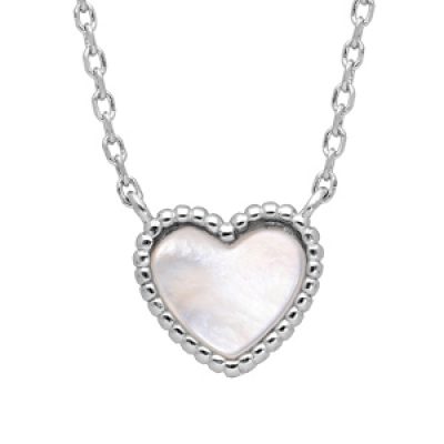 Collier en argent rhodié avec pendentif coeur nacre blanche 44cm réglable longueur 42-40cm