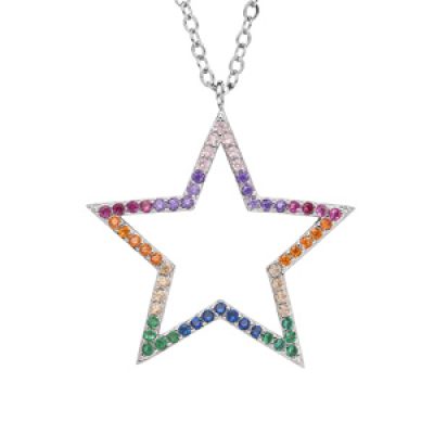 Collier en argent rhodié chaîne avec pendentif étoile multi couleurs longueur 43+3cm