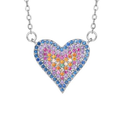 Collier en argent rhodié avec pendentif coeur multi couleurs longueur 43+3cm