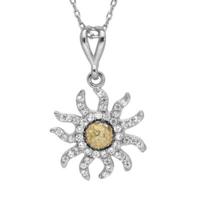 Collier en argent rhodié chaîne avec pendentif fleur de soleil orné d'oxydes blancs et d'un gros oxyde jaune  longueur 42+3cm