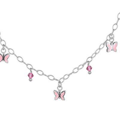 Collier en argent chaîne avec pampilles papillons et oxydes roses - longueur 32cm + 4cm de rallonge
