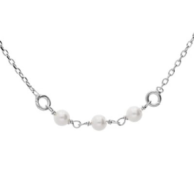 Collier en argent rhodié chaîne avec perles blanches de synthèse 42+3cm