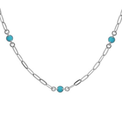 Collier en argent rhodié petite maille rectangulaire avec perles bleue ciel 38+5cm