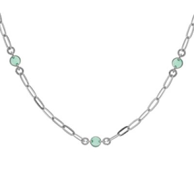 Collier en argent rhodié petite maille rectangulaire avec perles vertes 38+5cm