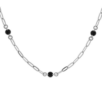 Collier en argent rhodié petite maille rectangulaire avec perles noires 42+3cm