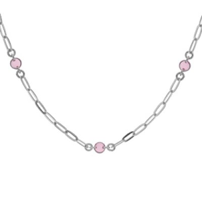 Collier en argent rhodié petite maille rectangulaire avec perles roses 38+5cm