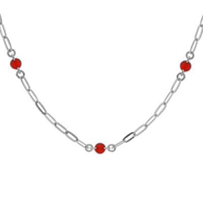 Collier en argent rhodié petite maille rectangulaire avec perles rouges 38+5cm