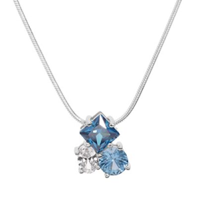 Collier en argent rhodié chaîne avec pendentif 3 oxydes bleus et blanc 42+3cm