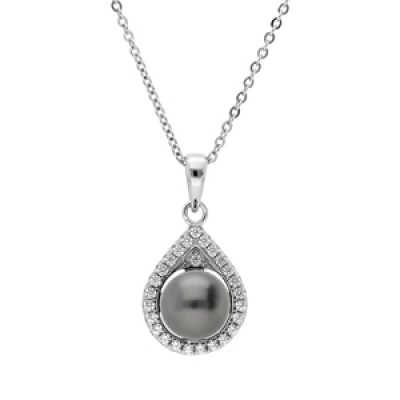 Collier en argent rhodié chaîne avec pendentif Perle de Tahiti véritable 8mm et contour oxydes blancs sertis 42+3cm