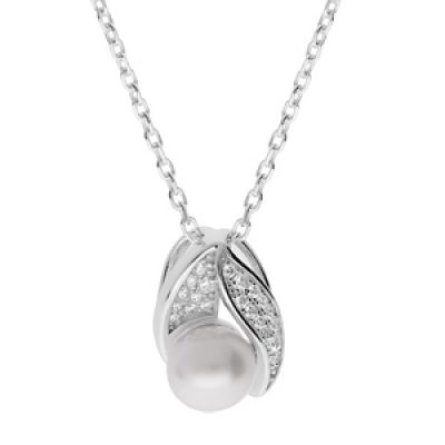 Collier en argent rhodié chaîne avec pendentif Perle de culture d'eau douce blanche 8mm et oxydes blancs sertis 42+3cm