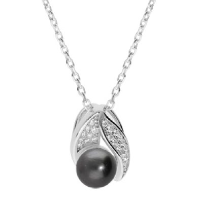 Collier en argent rhodié chaîne avec pendentif Perle de Tahiti véritable et oxydes blancs sertis 42+3cm