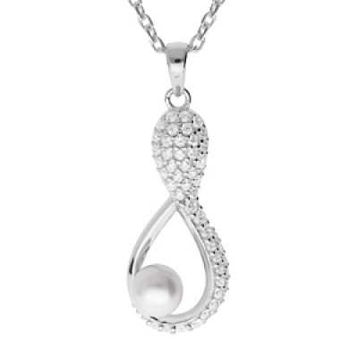 Collier en argent rhodié chaîne avec pendentif infini Perle de culture d'eau douce blanche mm et oxydes blancs sertis 42+3cm