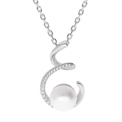 Collier en argent rhodié chaîne avec pendentif spirale et Perle de culture d'eau douce blanche 9mm et oxydes blancs sertis 42+3cm