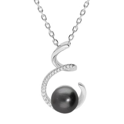 Collier en argent rhodié chaîne avec pendentif spirale et Perle de Tahiti véritable 7mm et oxydes blancs sertis 42+3cm