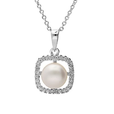 Collier en argent rhodié chaîne avec pendentif carré oxydes blancs et Perle de culture d'eau douce blanche 40+4cm