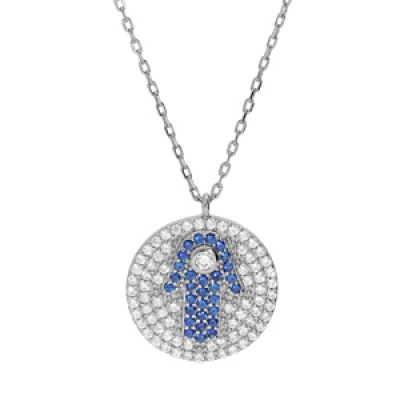 Collier en argent rhodié chaîne avec pendentif rond et main de fatma pavé d'oxydes blancs et bleus 40+5cm