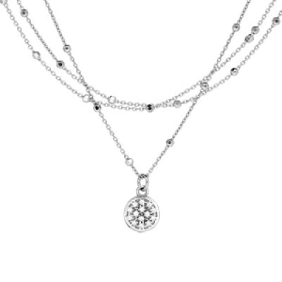 Collier en argent rhodié avec triple chaîne Pendentif médaille pavée d'oxydes blancs 36+6cm