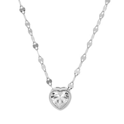 Collier en argent rhodié chaîne fantaisie avec pendentif coeur oxyde blanc serti 40+5cm
